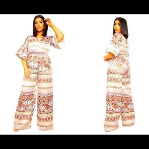 PRETTYLITTLETHING High Waist Flared Sleeves Multi Print Wide Leg Jumpsuit Romper